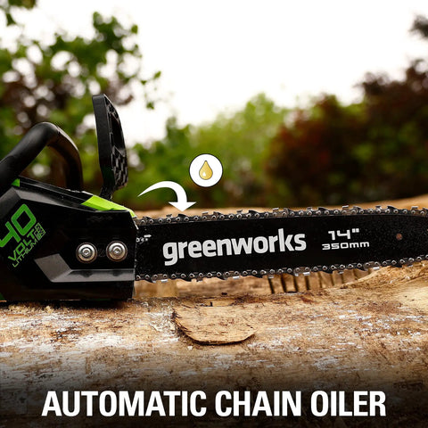 Smooth Operator 40 Volt Cordless Electric Chainsaw With 14 Inch Guide Bar And Brushless Motor Tool Only showing automatic chain oiler detail.