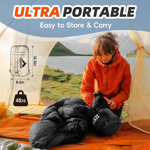 Woman packing Oversized 4 Season Sleeping Bag For Adults And Big And Tall Campers Boxy Fit 86.6 x 32.3 Inch in tent