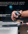 Bottomless 54mm Portafilter Kit With 53mm Distributor And Tamper For Breville Barista Express Pro Touch And Other Breville Models Includes Tamp Mat And Bonus Filter Basket To Level Up Espresso Shots And Consistency shown with tamper tool and silicone mat.