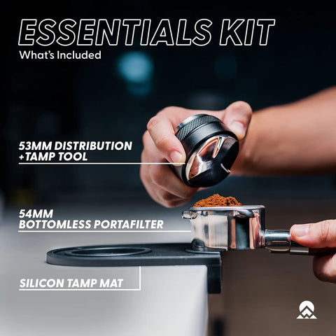 Bottomless 54mm Portafilter Kit With 53mm Distributor And Tamper For Breville Barista Express Pro Touch And Other Breville Models Includes Tamp Mat And Bonus Filter Basket To Level Up Espresso Shots And Consistency shown with tamper tool and silicone mat.