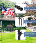 10 Ft In Ground Flag Pole Kit With Five Prongs Base, Heavy Duty Rust Resistant Steel, Easy Assembly, Built To Last; shown in garden with features highlighted.