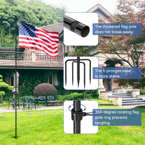10 Ft In Ground Flag Pole Kit With Five Prongs Base, Heavy Duty Rust Resistant Steel, Easy Assembly, Built To Last; shown in garden with features highlighted.