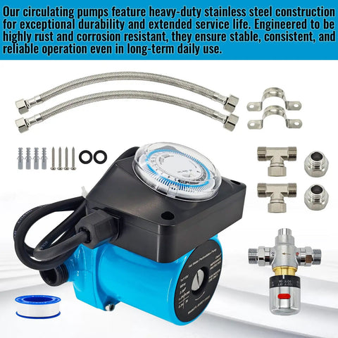 Instant Hot Water Recirculating Pump Kit For Tank Water Heaters With Smart Thermal Bypass Tech No Return Line Needed Plug And Play Cabinet Install cuts cold waits, featuring stainless steel construction and accessories.