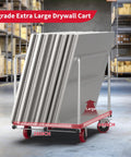 Rugged 2-In-1 Steel Panel Cart for Drywall Jobs, 3000 Lb Capacity, 44 by 28 Inch Platform, Anti-Slip 2mm Steel Plate, Heavy-Duty Job Site Transporter Built Tough for Pros. Drywall panels loaded on 44x28 inch steel cart in warehouse