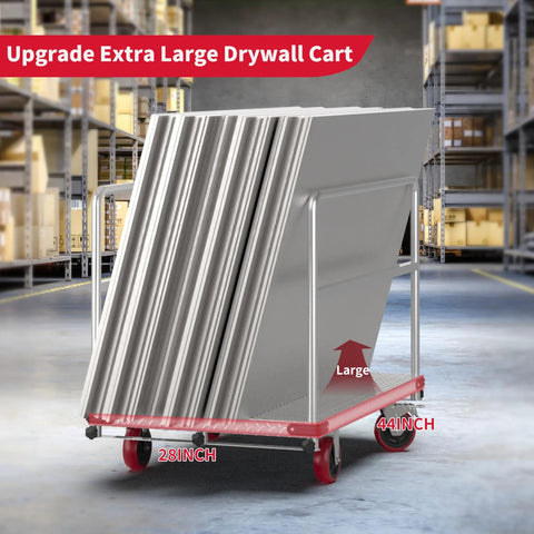 Rugged 2-In-1 Steel Panel Cart for Drywall Jobs, 3000 Lb Capacity, 44 by 28 Inch Platform, Anti-Slip 2mm Steel Plate, Heavy-Duty Job Site Transporter Built Tough for Pros. Drywall panels loaded on 44x28 inch steel cart in warehouse