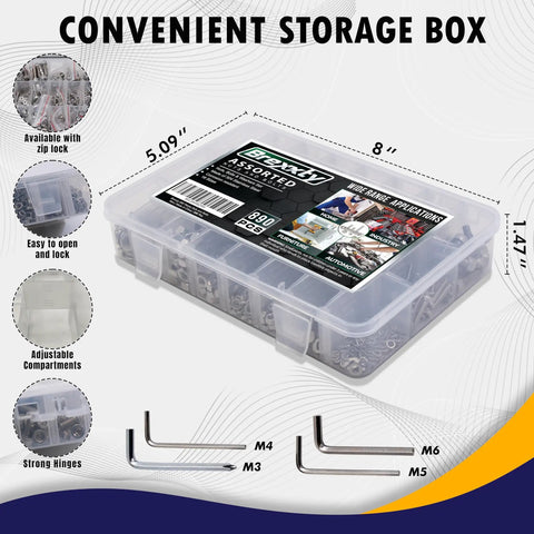 Top Shelf Metric Socket Head Cap Screws Kit 304 Stainless Steel Bolts And Nuts Assortment Rust Proof Heavy Duty Fasteners for garage in storage box.