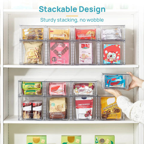 Clear Acrylic Stackable Storage Drawers 4 Pack Sleek Kitchen Cabinet Organizers Featuring Smooth Gliding Rails And No Sweat Setup For Slick Home Decluttering Results on pantry shelf, organizing snacks and sweets.