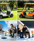 Portable Golf Cart Heater With Cup Holder And Gas Regulator, 6200 BTU Propane Heater with Windproof USB Igniter shown installed in golf carts and used in outdoor camping.