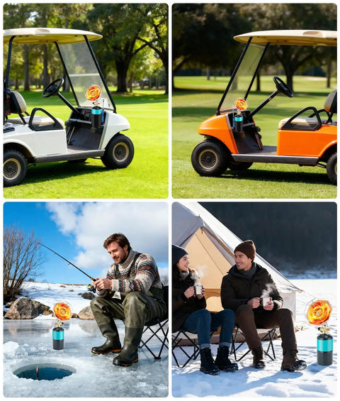 Portable Golf Cart Heater With Cup Holder And Gas Regulator, 6200 BTU Propane Heater with Windproof USB Igniter shown installed in golf carts and used in outdoor camping.
