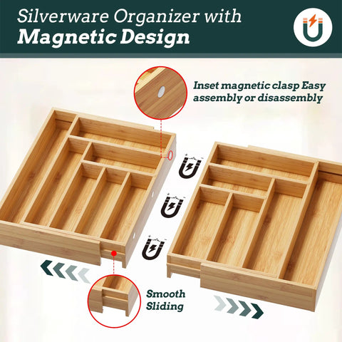 Expandable Magnetic Connected 13 Slot Silverware Drawer Organizer With Adjustable Length From 21 To 37.4 Inches Bamboo Utensil Tray