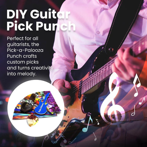 DIY Guitar Picks Punch Mega Pack For Musicians Custom Pick Maker Kit with guitar player background