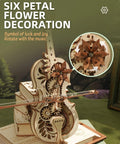 3D Wooden Puzzle Music Box Kit Cello Model For Adults And Teens Build Your Own Wind Up Instrument As Chopin Tunes Play Dope Gift For Hobbyists STEM Lovers Women And Men, six-petal flower detail