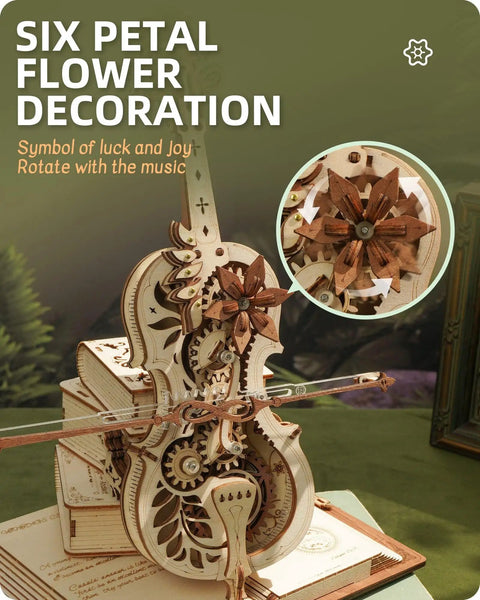 3D Wooden Puzzle Music Box Kit Cello Model For Adults And Teens Build Your Own Wind Up Instrument As Chopin Tunes Play Dope Gift For Hobbyists STEM Lovers Women And Men, six-petal flower detail