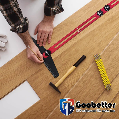 Hands using a square and pencil on wood with Built Like A Tank Stair Tread Jig And Adjustable Template Locking Bars.