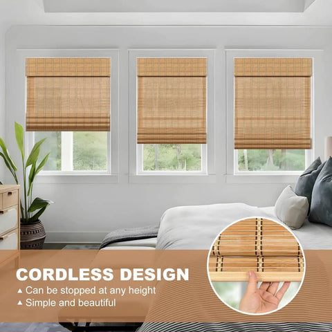 Natural Material Roman Shades for Windows Light Filtering Cordless Roman Curtains Easy Install Window Blinds 36 W X 64 H in bedroom