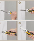 KATA folding drywall jab saw with soft-grip yellow/black handle and 7TPI triple-teeth blade
KATA folding drywall jab saw side view with extended blade and yellow/black textured handle
KATA folding drywall jab saw close-up of serrated blade engaging drywall
KATA folding drywall jab saw in use cutting wallboard with folding handle visible