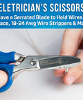 Electrician's scissors with blue handles cutting a wire, part of the Worksite Ready VDV Installation Tool Kit For Cat5, Cat5e, And Cat6 Cabling.