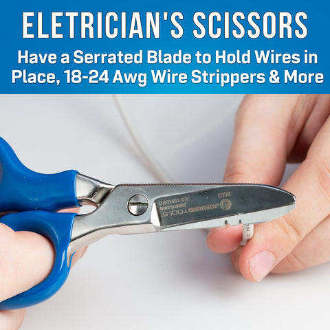 Electrician's scissors with blue handles cutting a wire, part of the Worksite Ready VDV Installation Tool Kit For Cat5, Cat5e, And Cat6 Cabling.