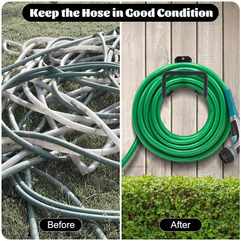 Comparison of tangled hoses on ground and neatly coiled hose on Two Pack Garden Hose Holder And Wall Mounted Hose Reel, Black.