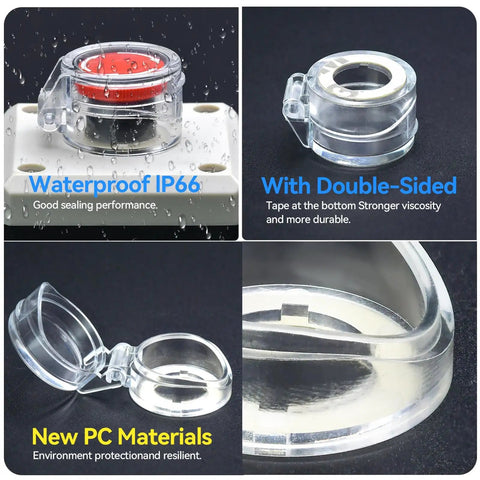 Clear And Rugged 16mm Protective Cover Set Two Pack For Push Button Emergency Stop Key And Selector Switches IP66 Waterproof With Tight Seals Water Dust And Oil Fits Five Eighth Inch Mount Hole, shown with waterproof IP66 features.