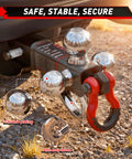 Beefy Tri Ball Mount Trailer Hitch with Three Ball Sizes 1-7/8 In, 2 In, and 2-5/16 In plus Tow Hook and Shackle, attached to vehicle