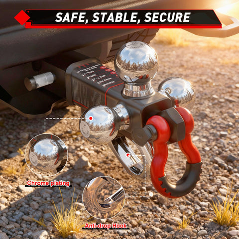 Beefy Tri Ball Mount Trailer Hitch with Three Ball Sizes 1-7/8 In, 2 In, and 2-5/16 In plus Tow Hook and Shackle, attached to vehicle