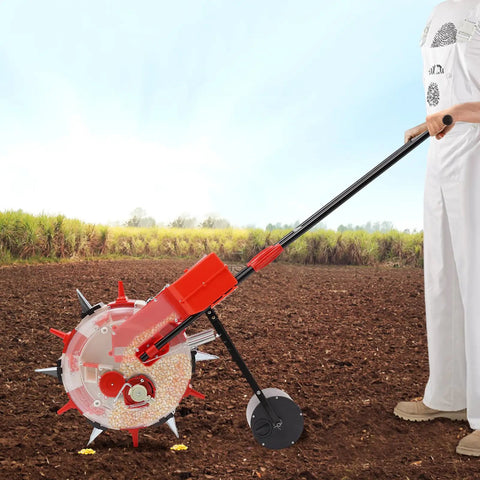 Person using Walk Behind Garden Seeder With Pro Grade Precision Sowing For Corn, Soybeans, Peanuts And More in a field