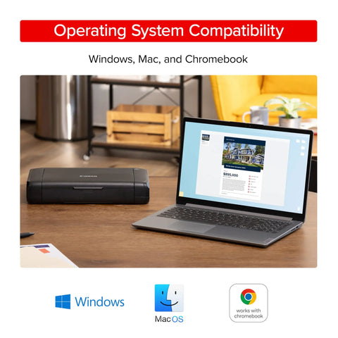 On The Go Wireless Portable Printer With 50 Sheet Paper Tray And 1.44 Inch Display next to a laptop on a desk