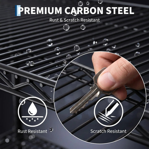 Premium carbon steel showcasing rust and scratch resistant features of the Solid Build Top Tier Heavy Duty Four Tier Metal Wire Shelving Rack.