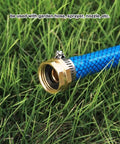 Heavy Duty Brass Garden Hose Quick Connectors Set Of 3 Fits Standard 3 4 Inch For Durable Water Spraying Nozzle Attachments And Easy Repair Jobs To Make Lawn Care A Total Breeze Without Rust Worries brass hose fitting on blue hose in grass