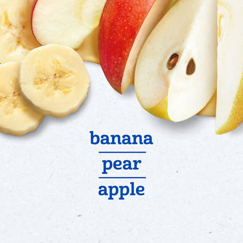 Sliced banana, pear, and apple with 'banana pear apple' text, My First Fruits Starter Kit Banana Pear Apple Puree In 2 Ounce Tubs Set Of Six On The Go Baby Food For Travel Busy Parents And Little Taste Explorers.