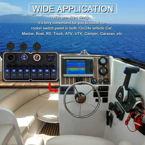 Waterproof 8 Gang Boat Rocker Switch Panel With Dual USB Ports installed in a boat dashboard with steering wheel and sea view.