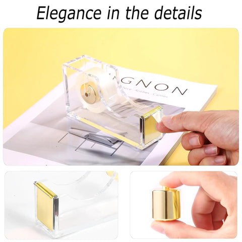 Gold Desk Accessories Set With Acrylic Stapler, Staple Remover, Tape And Pen Holder shown with acrylic tape dispenser
