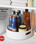 12 Inch Non Skid Lazy Susan Turntable Organizer With Easy Glide Spin And Sturdy Handles For Kitchen Pantry Cabinet Bathroom Laundry Garage with personal care bottles.
