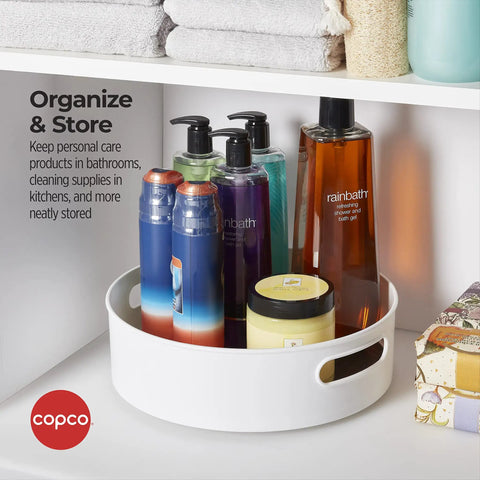 12 Inch Non Skid Lazy Susan Turntable Organizer With Easy Glide Spin And Sturdy Handles For Kitchen Pantry Cabinet Bathroom Laundry Garage with personal care bottles.