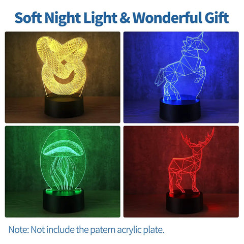 45 Piece 3D Night LED Light Lamp Bases With Remote And USB Cable, showing yellow, blue, green, and red light designs