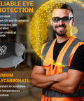 Tough As Nails Wraparound Safety Glasses For Men And Women 12 Pack Gradient Gray worn by a man in an orange safety vest, showing eye protection features.