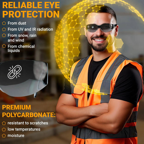 Tough As Nails Wraparound Safety Glasses For Men And Women 12 Pack Gradient Gray worn by a man in an orange safety vest, showing eye protection features.
