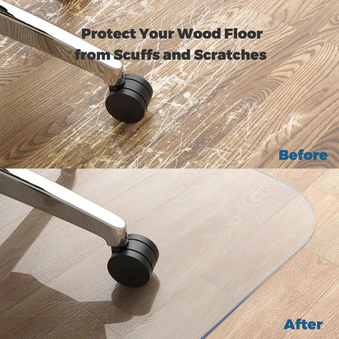 Transparent Hard Floor Chair Mat PVC Office Desk Protector for Wood Tile and Vinyl Floors Scratch Resistant Rolling Chair Mat showing before and after use on wood floor