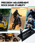 Crankshaft Truing Stand For Motorcycles And Mopeds with long track base and steel roller bearing posts, shown with bikes and snowmobile.