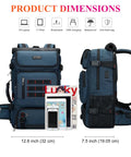 Product dimensions of Carry On Travel Backpack For Men And Women Airline Approved Convertible Nylon Duffle Style Luggage Bag With Multiple Pockets Eco Friendly Recycled Nylon Durable For Weekend Getaways And Business Trips Blue shown from front and side angles, with magazine and gadgets. Backpack measures 20.5" x 12.6" x 7.5".