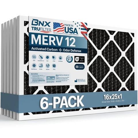 Image of 16x25x1 MERV 12 Odor Defense Air Filter With Activated Carbon For AC Furnace And HVAC Systems Pleated Replacement 6 Pack.