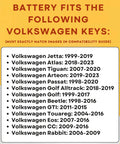 Battery fitment guide for Volkswagen models including Jetta, Atlas, Tiguan, Arteon, and more. Key Fob Battery Replacement Kit Two Pack CR2032 For Atlas Jetta Tiguan Golf Arteon Passat And More With Fitment Guide Easy Plug And Play Swap No Tools Required Includes Clear Instructions Volkswagen.