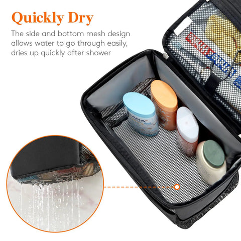 Quick Dry Mesh Shower Caddy For Dorms, Gym, Travel And Camping, open lid showing compartments and draining water
