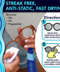 Clear View Lens Cleaner Kit: blue spray bottle beside wooden eyeglasses and microfiber cloths