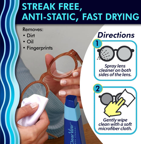 Clear View Lens Cleaner Kit: blue spray bottle beside wooden eyeglasses and microfiber cloths