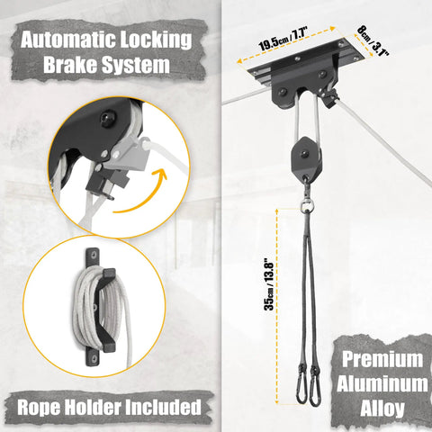Ceiling Mounted Bike Hoist Rack For Garage Storage, Safe And Easy Lifting With Automatic Locking Brake, Holds Road, Mountain, And Kids Bikes Up To 44lbs, Premium Rope And Hooks For A Secure Ceiling Hanger.