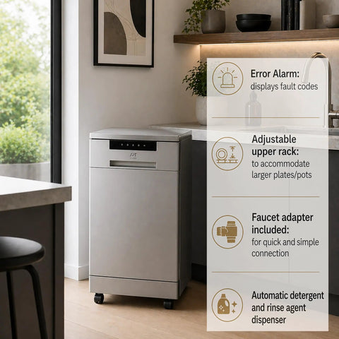 Sick 18 Inch Portable Dishwasher With Energy Star Certified Savings And Genuine Stainless Steel Interior featuring adjustable upper rack in modern kitchen.