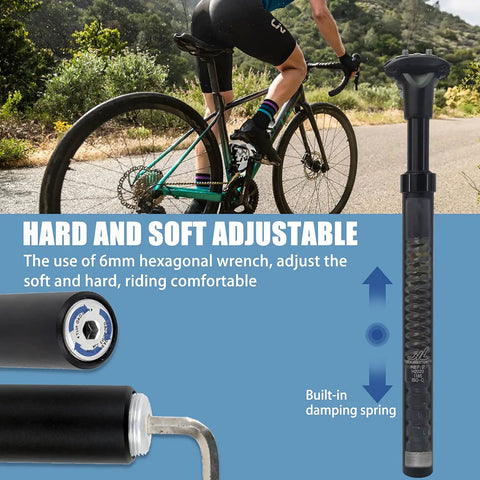 Bike Suspension Seatpost With Coil Spring And Shock Absorber, Lightweight Aluminum Body, 40mm Travel, 27.2mm Diameter, 14mm Offset, Adjustable Rebound And Clamp, Black shown with bicycle