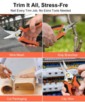 7 Inch Heavy Duty Gravity Shears With Micro Serrated Japanese SUS420J2 Blades, shown cutting wire mesh, branches, packaging, and wire